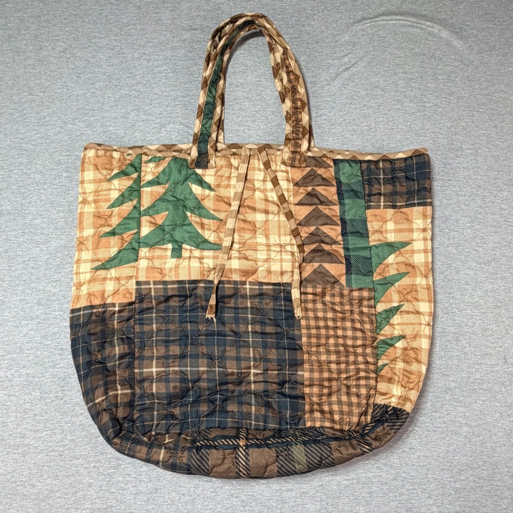 Vintage Rustic Quilted Patchwork Tote Bag Plaid Pine Tree Cabin Lodge Brown